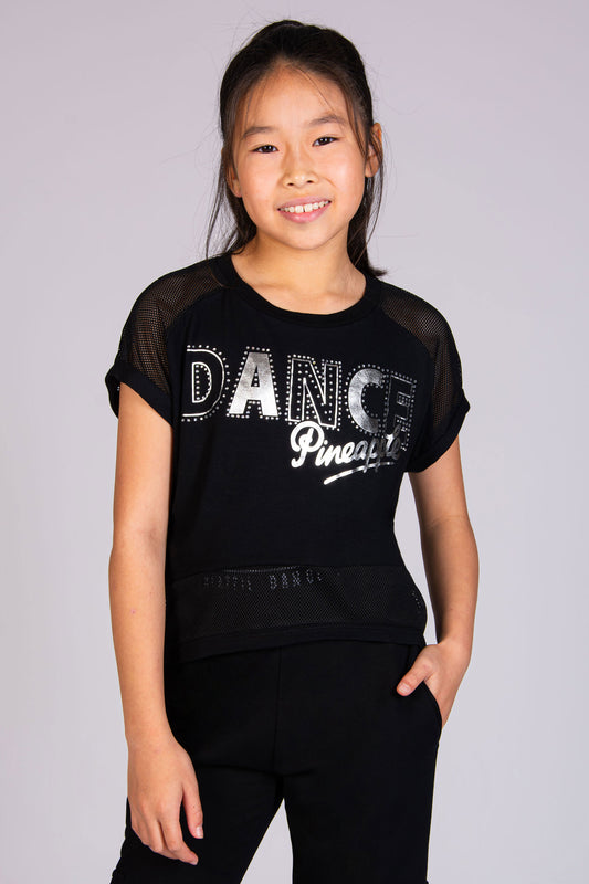 Girl wearing black dance t-shirt in a. cropped fit with Dance print and diamantés across the chest.
