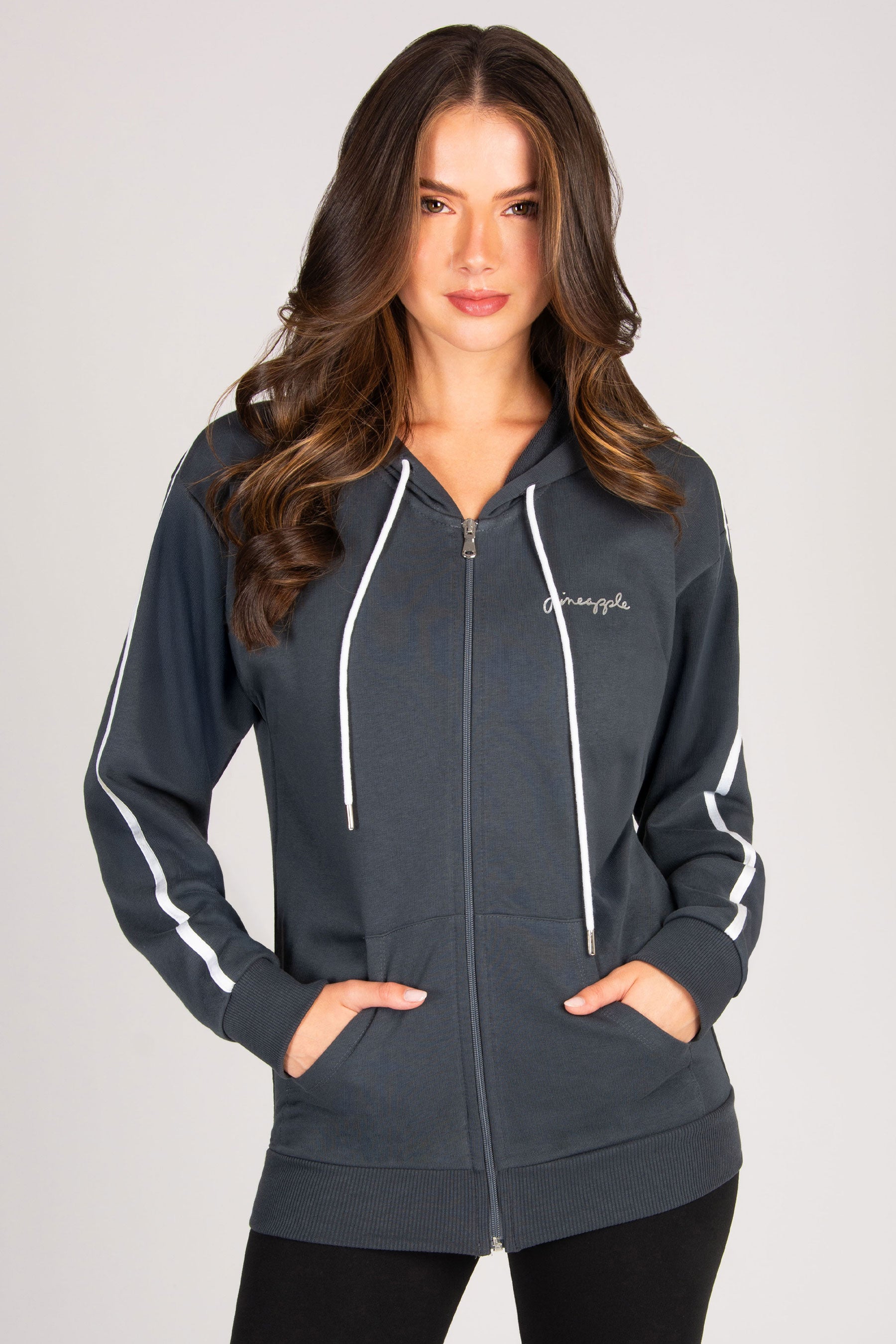 Dark grey longline zip hoodie with front pockets