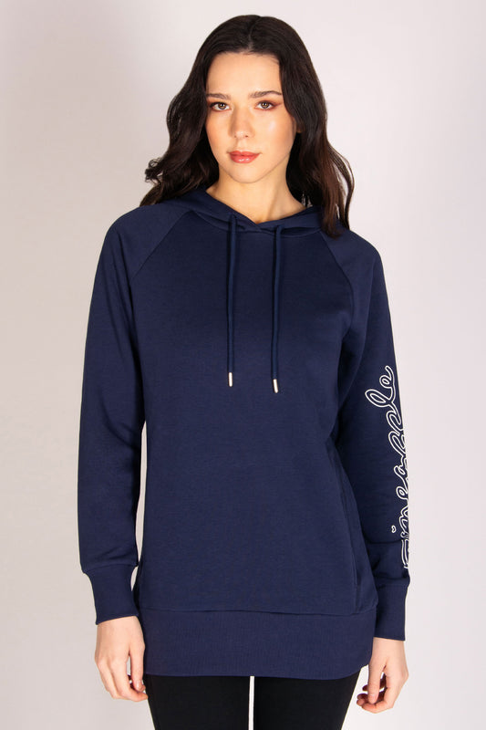Women's longline hoodie in dark navy colour with concealed side pockets and drawcords.
