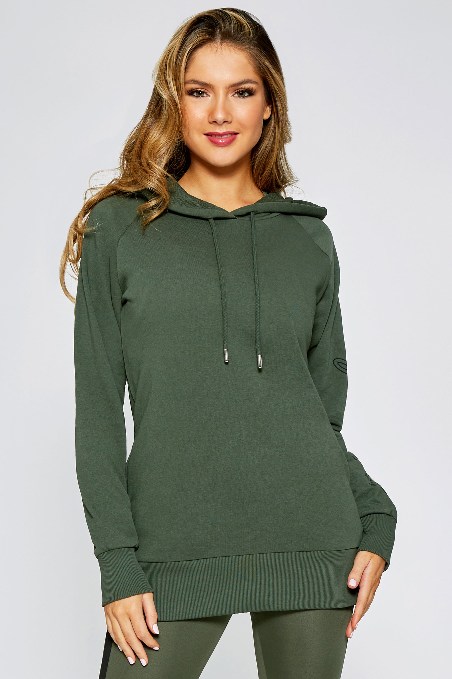 Women's longline khaki hoodie with two drawcords