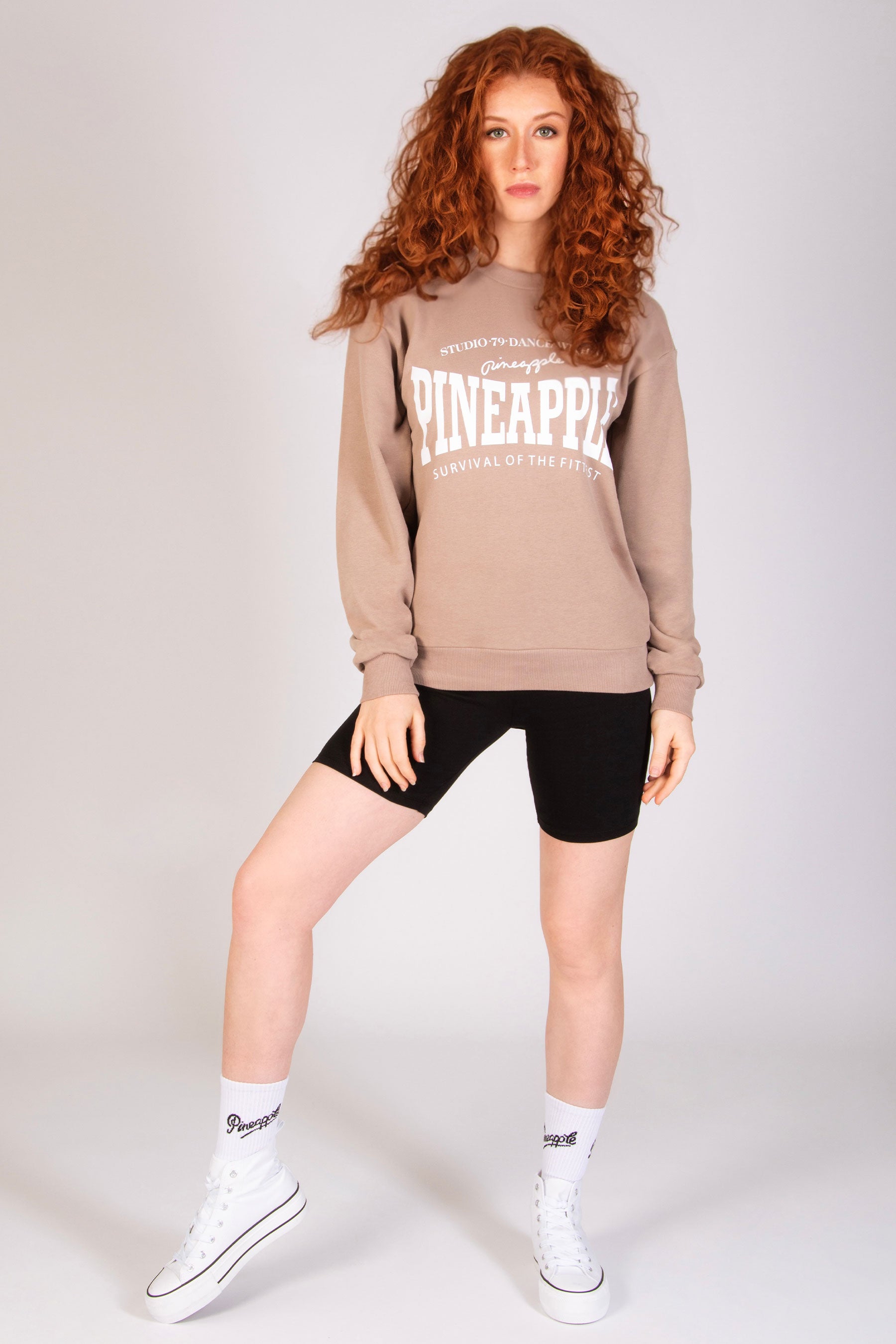 Women's mocha oversized sweatshirt and cycling short dance look by Pineapple