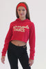 Girls' red crop hoodie with glitter gold Pineapple Dance print across the chest.